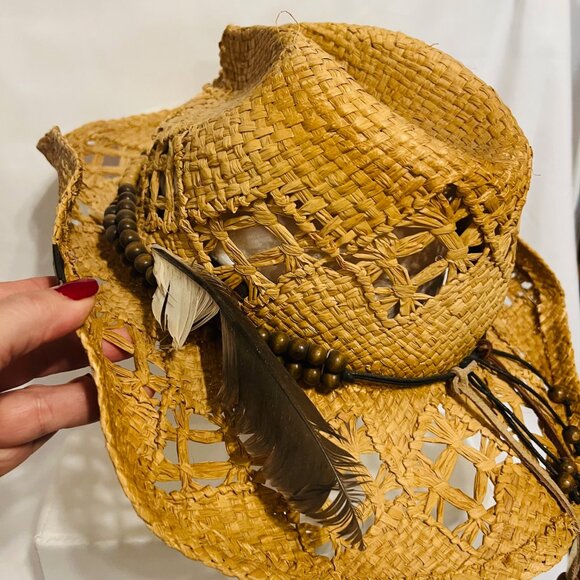 Peter Grimm Straw Cowboy Hat-Brown Beaded/Feathers-Country-Bohemian-Women's - Picture 7 of 16